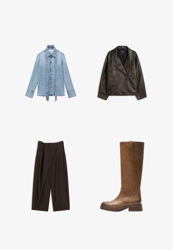 Hnedá umelá kožená bunda s dvojradovým designom, klopami a dvoma prednými vreckami. Výrazné prešitie pozdĺž švov.; Svetlomodrá džínsová košeľa s dlhým rukávom, s predným zapínaním na gombíky, so špicatým golierom a predĺženými vertikálnymi džínsovými popruhmi visiaci pozdĺž gombíkovej línie.; Tmavohnedé široké nohavice s vysokým pásom, s jedným gombíkom a záhybmi vpredu. Vyrobené z ľahkej textílie.; Hnedá kožená vysoká čižma do kolien s okrúhlou špičkou, textúrovaným povrchom a nízkym zúženým podpätkom. Obsahuje postranný panel a pútko na vrchu.