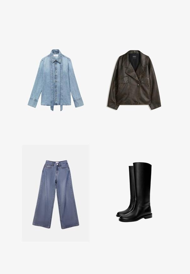 Giacca in eco-pelle marrone con design doppiopetto, revers e due tasche frontali. Dettagli di cucitura in evidenza lungo le cuciture.; Camicia in denim azzurro chiaro a maniche lunghe con chiusura frontale a bottoni, colletto a punta e strisce di denim verticali estese che pendono lungo la linea dei bottoni.; Jeans in denim a gamba ampia di un blu chiaro, caratterizzati da una vita alta, tasche frontali e una chiusura con bottone e passanti per cintura.; Stivali in pelle neri fino al ginocchio con una texture liscia, punta rotonda, suola piatta e design minimalista, caratterizzati da cuciture a vista e senza hardware visibile.