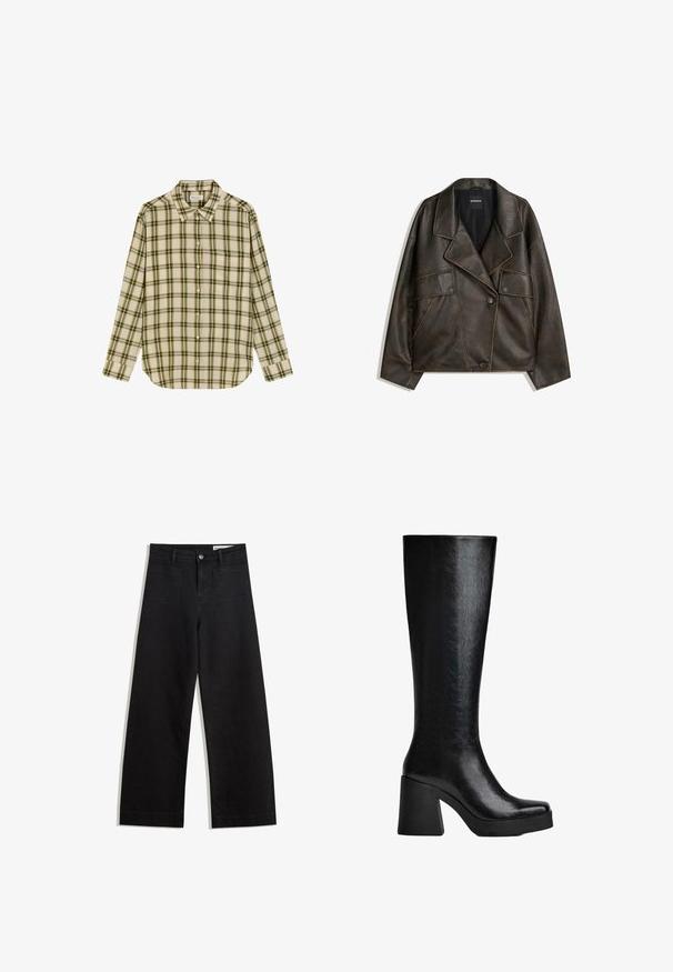 Bruine neplederen jas met een dubbelzijdig ontwerp, revers en twee voorkepers. Opvallende stikdetails langs de naden.; Knoopshirt in crèmekleur met een groen en bruine ruitpatroon. Heeft een klassieke kraag en lange mouwen, met een enkele zak op de linkerborst.; Zwarte denim broek met wijde pijpen en een hoge taille, voorzien van voor- en achterzakken, gestikte naden en een knoopsluiting. Gladde textuur.; Zwarte knie-hoge laars van gestructureerd synthetisch materiaal, met een vierkante neus, chunky hoge hak en een glad, gestroomlijnd oppervlak.