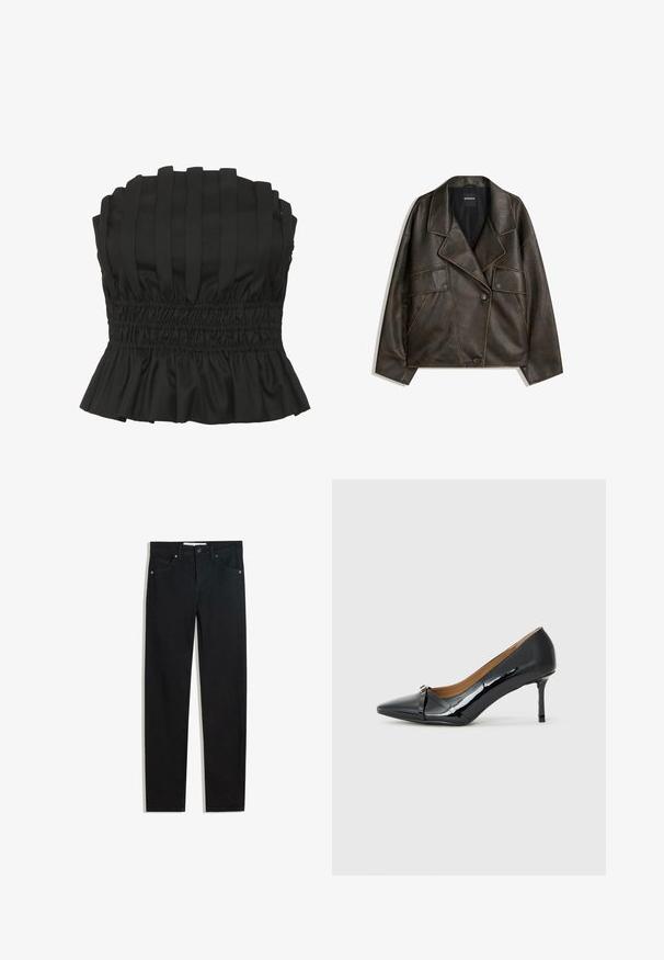 Jachetă din piele ecologică maro, cu un design cu două rânduri de nasturi, rever și două buzunare frontale. Detalii notabile de cusătură pe țărmuri.; Top negru fără bretele, cu plisuri verticale, talie elastică și o margine ondulată. Fabricat dintr-un material texturat pentru o siluetă ajustată.; Pantaloni din denim negri cu un design drept, cinci buzunare, închidere cu nasture metalic și detalii subtile de cusătură. Textură netedă.; Pantofii cu toc înalt din piele lacuită neagră, cu vârf ascuțit, detalii decorative cu curea în față și toc subțire tip stiletto.