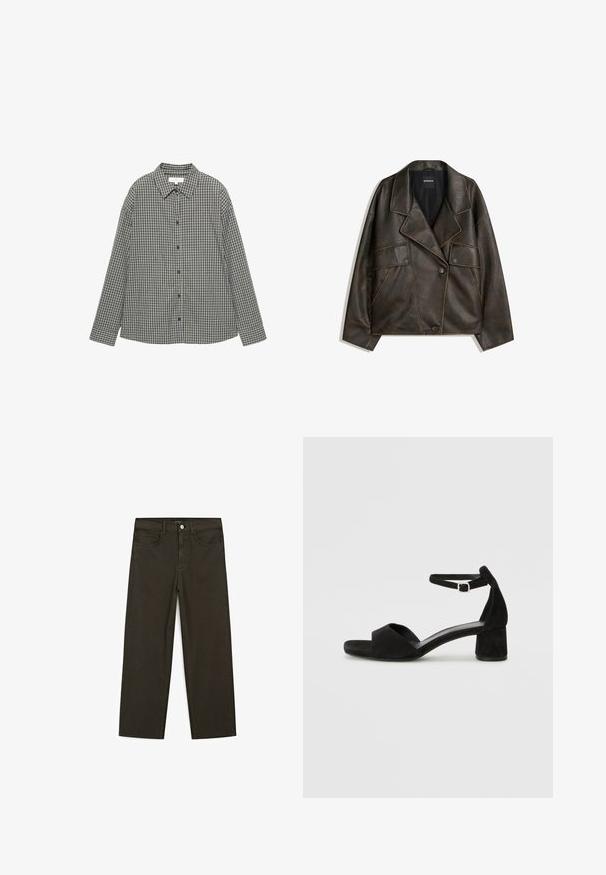 Braune Kunstlederjacke mit doppelreihigem Design, Reverskragen und zwei Vorderfächern. Auffällige Steppnähte entlang der Nähte.; Karierte Hemd in Schwarz und Weiß, mit Knopfverschluss, spitzem Kragen und langen Ärmeln in lockerer Passform. Baumwollstoff.; Dunkelgrüne Jeans im weit geschnittenen Style, hergestellt aus einem Baumwollgemisch. Sie verfügen über einen Frontknopfverschluss, fünf Taschen und klassische Denim-Nähte.; Schwarze Wildleder-Espadrilles mit einem dünnen Knöchelriemen, offener Zehenpartie und moderatem Blockabsatz. Glatte Textur und minimale Akzente.