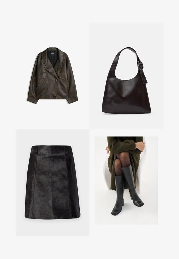 Giacca in eco-pelle marrone con design doppiopetto, revers e due tasche frontali. Dettagli di cucitura in evidenza lungo le cuciture.; Top nero a maniche lunghe con scollo a barca, realizzato in tessuto morbido. Presenta un taglio dritto con spacchi laterali, etichetta visibile sullo scollo.; Gonna mini in pelle nera con una finitura liscia e testurizzata. Presenta una vita aderente e linee pulite, che mettendo in risalto il design elegante.; Stivali neri in pelle alti fino al ginocchio con punta squadrata e tacco a blocco, mostrati con un modello seduto in un cappotto verde oliva. Texture liscia, dettagli minimi.; Borsa a spalla in pelle marrone con una texture liscia, forma arrotondata, ampia tracolla e un accento metallico circolare sul manico.