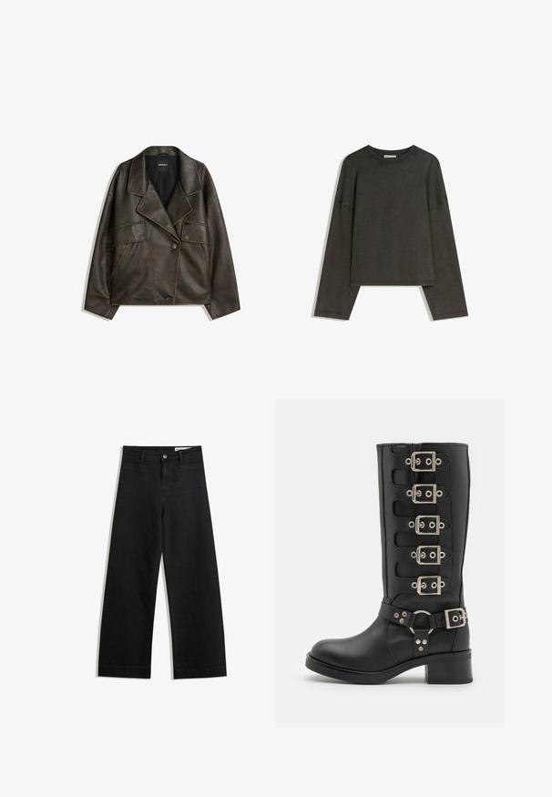 Giacca in eco-pelle marrone con design doppiopetto, revers e due tasche frontali. Dettagli di cucitura in evidenza lungo le cuciture.; Maglia a maniche lunghe grigio scuro realizzata in un mix di cotone. Ha una forma ampia con scollatura rotonda e spalle scese, con cuciture visibili.; Pantaloni in denim neri a gamba larga con vita alta, dotati di tasche anteriori e posteriori, cuciture a punto, e chiusura con bottone. Texture liscia.; Stivale nero al ginocchio realizzato in pelle liscia, con sei fibbie argentate, una larga cintura con un anello a O e un robusto tacco a blocco.