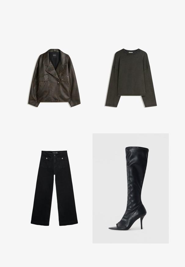 Veste en cuir synthétique marron avec un design à double boutonnage, des revers et deux poches avant. Détails de surpiqûre notables le long des coutures.; Haut à manches longues gris foncé en tissu mélangé coton. Forme oversize avec un col rond et des épaules basses, présentant des coutures visibles.; Jean's larges noires avec taille haute, dotés de deux poches avant et d'accents en métal sur les boutons. Le tissu a une texture lisse.; Botte montante en simili cuir noir avec un bout ouvert pointu et un talon aiguillé haut. Tige texturée et finition lisse.