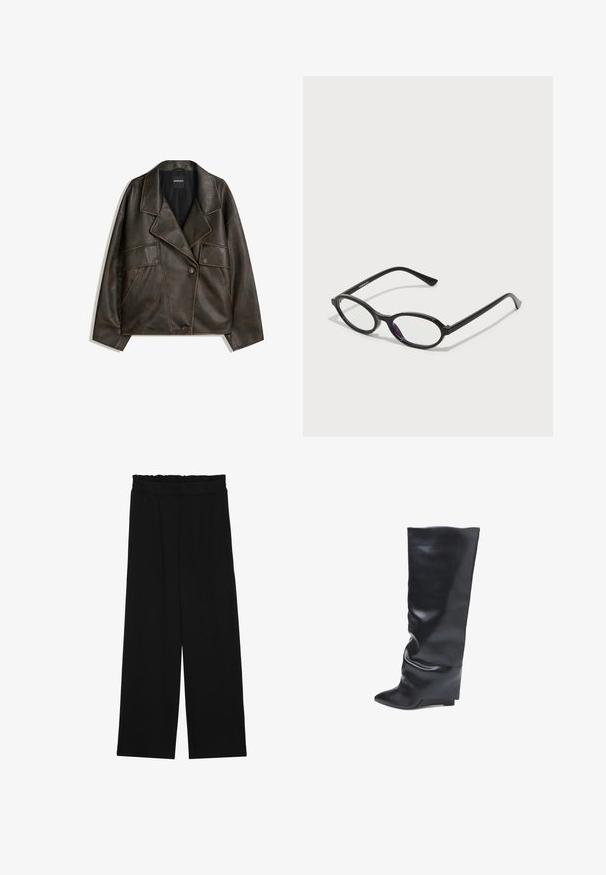 Jachetă din piele ecologică maro, cu un design cu două rânduri de nasturi, rever și două buzunare frontale. Detalii notabile de cusătură pe țărmuri.; T-shirt negru cu mânecă scurtă și guler rotund. Fabricat dintr-un material moale, cu o textură fină și un design simplu, minimalist.; Pantaloni largi negri cu un tiv volant, cu două buzunare laterale și un material neted, ușor. Fără modele vizibile sau accesorii.; Bata Cizme cu talpă ortopedică - nero; Ochelari cu ramă ovală neagră, cu accente translucide de violet pe lentile. Ramele au un finisaj mat și clești subțiri, drepți.