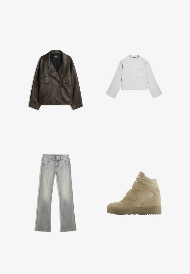 Brun faux läderjacka med dubbelknäppt design, slag och två framfickor. Anmärkningsvärd överstygnsdetaljering längs sömmarna.; Grå, kortärmad långärmad skjorta av mjukt tyg. Har rund hals och en bröstficka. Slät struktur med en avslappnad design.; Grå denim flare jeans med en blekt finish, med knappstängning, fem fickor och sömmar längs midjan och fållen.; Beiga högstövlar i sneakersstil med en design i mocka och mesh, justerbara kardborreband och en tjock gummisula med ett zigzag-mönster.