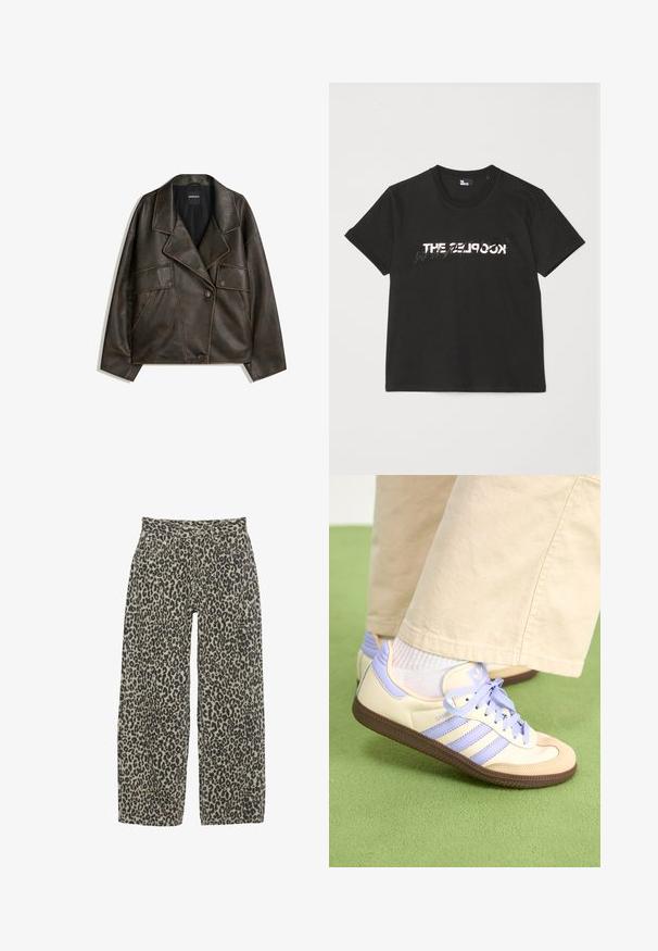 Hnědá faux kožená bunda s dvojitým zapínáním, klopami a dvěma předními kapsami. Výrazné prošívání podél švů.; Černé bavlněné tričko s krátkým rukávem, na přední straně se tiskne bílý a šedý design "THE 2LOOK". Klasický kulatý výstřih.; Kalhoty s širokými nohavicemi v leopardi vzoru v neutrální béžové a černé barevné kombinaci. Mají vysoký pas, pět kapes a zapínání na knoflík.; Krémové a levandulové tenisky se třemi pruhy a texturovanou hnědou podrážkou, vybavené tkaničkami a polstrovanou patou. Měkký textilní svršek.