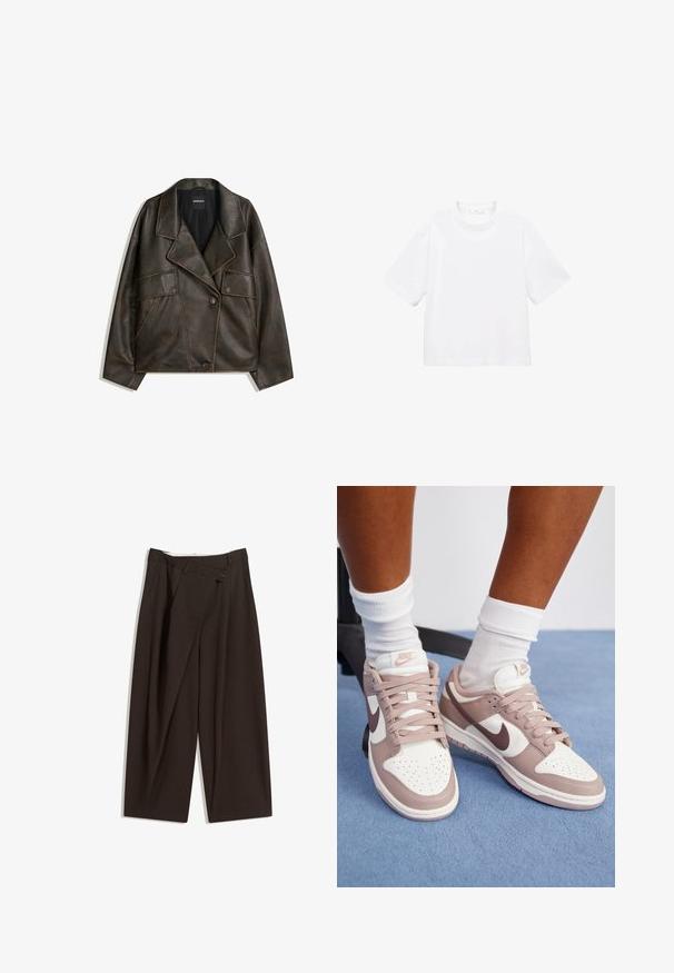 Jachetă din piele ecologică maro, cu un design cu două rânduri de nasturi, rever și două buzunare frontale. Detalii notabile de cusătură pe țărmuri.; Tricou alb din bumbac, cu mânecă scurtă și guler rotund. Design simplu, croială lejeră, textură fină. Nu sunt vizibile modele sau accente.; Pantaloni largi de culoare maron închis, cu talie înaltă, având închiere cu un singur nasture și un față pliată. Confectionați dintr-un material ușor.; Adidași Nike Dunk cu vârful jos, realizati din piele albă cu accente bej și maro, vârf rotund, partea superioară perforată și șireturi plate.