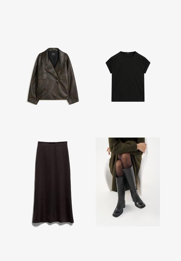Bruine neplederen jas met een dubbelzijdig ontwerp, revers en twee voorkepers. Opvallende stikdetails langs de naden.; Zwarte t-shirt met korte mouwen en ronde hals, met een rechte zoom, plat weergegeven op een witte achtergrond.; Zwarte satijnen midi-jurk met een soepel textuur, een rechte snit en een tailleband. Geen zichtbare patronen of hardwaredetails.; Knieschijf hoge zwarte leren laarzen met een vierkante neus en blokhak, getoond met een model dat zit in een olijfgroene jas. Gladde textuur, minimale details.