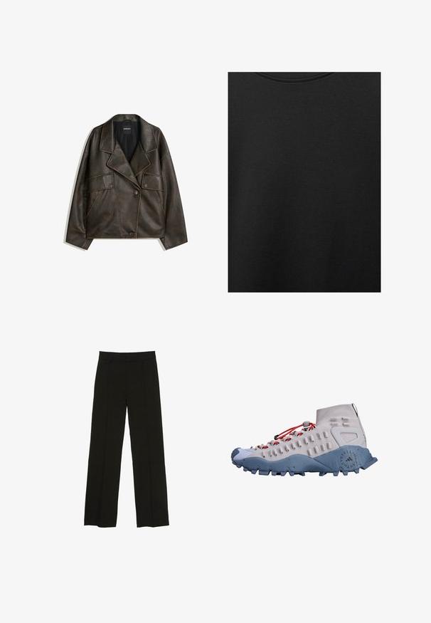 Brun kunstlæderjakke med dobbeltknap design, revers og to frontlommer. Bemærkelsesværdig pyntesyning langs sømmene.; Sort bomuldsstof med glat struktur og rund halsudskæring, prydet med et subtilt, jævnt kornmønster. Ingen synlige logoer eller accenter.; Sorte brede bukser lavet af et glat stof, med en tætsiddende talje og subtile frontfolder for ekstra tekstur.; Lys grå høj top vandresko med røde snørebånd, tekstureret sidelæder, en blå gummisål og gribende pigge for traction.