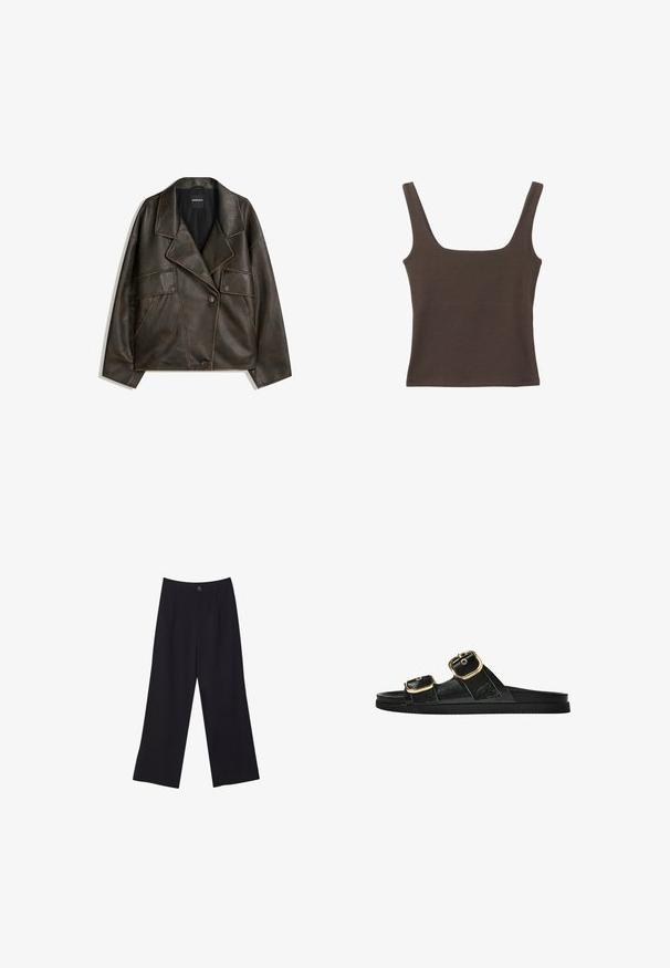 Hnedá umelá kožená bunda s dvojradovým designom, klopami a dvoma prednými vreckami. Výrazné prešitie pozdĺž švov.; Hnedý bezrúškový top so štvorcovým výstrihom, vyrobený z mäkkého, elastického materiálu. Má priliehavý strih a ploché švy.; Čierne široké nohavice s vysokým pásom, prednými záhybmi a jedným gombíkom, s hladkou textúrou látky.; Čierne šľapky s dvoma zlatými prackami, hladký textúrovaný materiál, plochá podrážka a minimalistický dizajn.