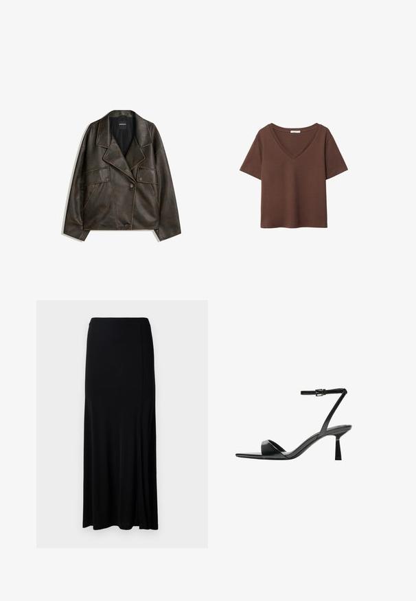 Veste en cuir synthétique marron avec un design à double boutonnage, des revers et deux poches avant. Détails de surpiqûre notables le long des coutures.; T-shirt en coton brun avec des manches courtes et un décolleté en V profond. Design simple, texture douce et ourlet droit. Pas de motifs ni d'accents.; Jupe maxi noire en tissu lisse, dotée d'une fente latérale, d'une taille élastique et d'une coupe droite pour un design minimaliste.; Bershka Sandales à talons hauts - black