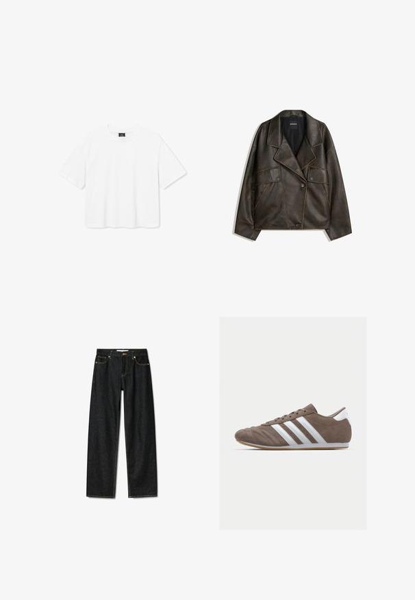 Hnědá faux kožená bunda s dvojitým zapínáním, klopami a dvěma předními kapsami. Výrazné prošívání podél švů.; Bílý zkrácený tričko vyrobené z bavlny, s kulatým výstřihem a krátkými rukávy. Jednoduchý design bez vzorů nebo akcentů.; Tmavé džínové kalhoty se střihovým provedením rovného střihu, zapínání na mosazný knoflík a kontrastním žlutým prošíváním. Obsahují pět kapes a mají klasický střih.; Hnědá semišová sportovní bota s bílými pruhy, kulatou špičkou, šněrováním a gumovou podrážkou. Texturovaný svršek s švy.