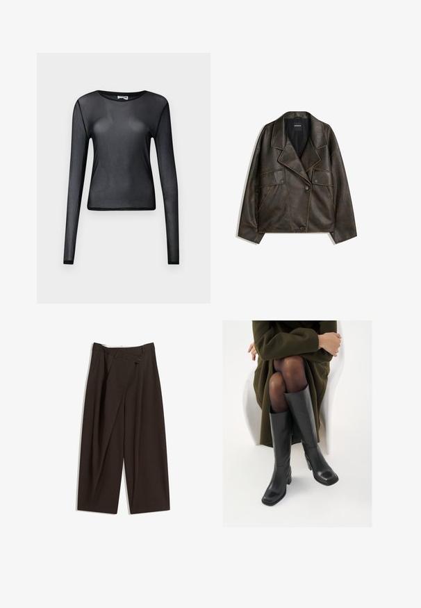 Brun faux läderjacka med dubbelknäppt design, slag och två framfickor. Anmärkningsvärd överstygnsdetaljering längs sömmarna.; Svart långärmad topp i genomskinligt material, med rund halsringning och smal passform, med fint kantade fållar.; Mörkbruna vida byxor med hög midja, med en enkel knappstängning och plisserad front. Tillverkade av lätt tyg.; Knähöga svarta läderstövlar med fyrkantig tå och klack i blockmodell, visade med en modell sittande i en olivgrön kappa. Slät textur, minimal detaljering.