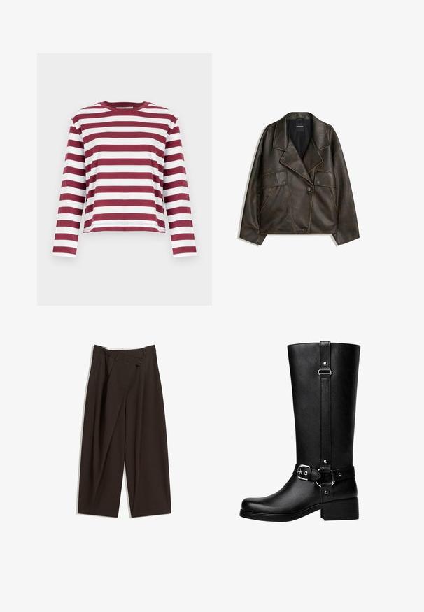 Brown faux leather jacket with a double-breasted design, lapels, and two front pockets. Notable topstitch detailing along seams.; Selected Femme SLFESSENTIAL BOXY TEE - Long sleeved top - zinfandel; Dark brown wide-leg trousers with a high waist, featuring a single button closure and a pleated front. Made from lightweight fabric.; Tall black faux leather boots with a rounded toe, accent belt buckle detail, and a chunky heel. Smooth texture and vertical seam on the shaft.