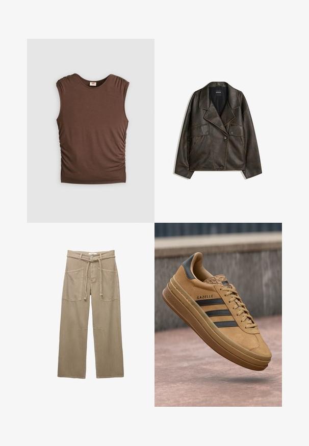 Ruskea keinonahkajakku, jossa on kaksirivinen malli, läpät ja kaksi etutaskua. Huomattava päälystikkaukset saumoissa.; Ruskea hihaton toppi pehmeästä kankaasta, jossa on röyhelöiset olkapäät ja sivuilla rypytetty yksityiskohta, saumatonta kaula-aukkoa ja vartalonmyötäistä siluettia.; Beige levelet lahkeet, jotka on valmistettu kestävästä kankaasta, joissa on suuret etutaskut, punottu vyö ja hienovaraiset ompeluyksityiskohdat.; Vaaleat mokkanahkakengät, joissa on sileä pinta, kolmea tumman raitaa, pyöristetty kärki ja paksumpi pohja, jossa on kuvioitu reuna.