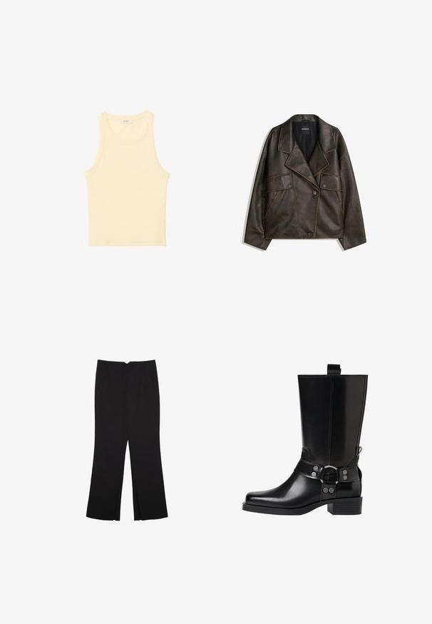 Brun kunstlæderjakke med dobbeltknap design, revers og to frontlommer. Bemærkelsesværdig pyntesyning langs sømmene.; Lysegul, ærmeløs top i ribbet stof. Har en rund halsudskæring og lige skæring, uden synlige mønstre eller dekorationer.; Sorte bukser med lige pasform, der har frontlommer og slidser i kanten. Lavet af blødt, glat stof. Velegnet til forskellige anledninger.; Sort læderknæhøj støvle med spids tå, sølv spænde detaljer og en robust hæl. Har en trækflap for nem påtagning.