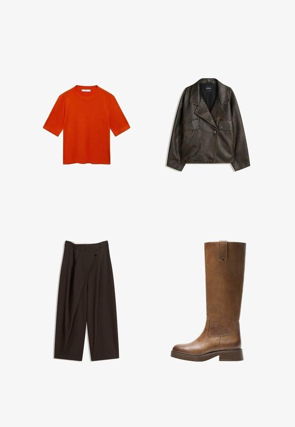 Brown faux leather jacket with a double-breasted design, lapels, and two front pockets. Notable topstitch detailing along seams.; Short-sleeve orange t-shirt made of soft fabric, featuring a crew neck and a relaxed fit with straight hem and no visible patterns.; Dark brown wide-leg trousers with a high waist, featuring a single button closure and a pleated front. Made from lightweight fabric.; Brown leather knee-high boot with a rounded toe, textured surface, and a stacked low heel. Features a side panel and pull tab at the top.