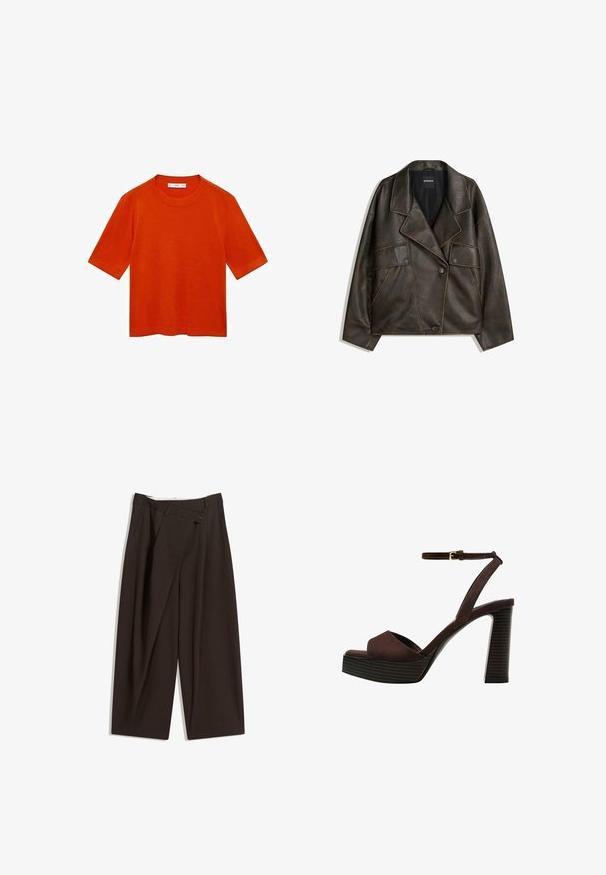 Giacca in eco-pelle marrone con design doppiopetto, revers e due tasche frontali. Dettagli di cucitura in evidenza lungo le cuciture.; T-shirt arancione a maniche corte realizzato in tessuto morbido, con collo rotondo e vestibilità rilassata, orlo dritto e senza motivi visibili.; Pantaloni a gamba larga marrone scuro con vita alta, dotati di una chiusura con bottone singolo e una parte anteriore plissettata. Realizzati in tessuto leggero.; Sandal in camoscio marrone con tacco alto, punta aperta, cinturino alla caviglia regolabile e suola a piattaforma striata.