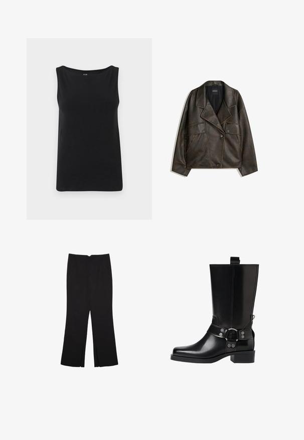 Braune Kunstlederjacke mit doppelreihigem Design, Reverskragen und zwei Vorderfächern. Auffällige Steppnähte entlang der Nähte.; Schwarzes ärmelloses Top aus weichem Stoff. Verfügt über einen weiten Ausschnitt und einen geraden Saum. Einfaches Design ohne zusätzliche Muster oder Verzierungen.; Schwarze Hose mit geradem Schnitt, ausgestattet mit Fronttaschen und Seitenschlitzen am Saum. Hergestellt aus weichem, glattem Stoff. Geeignet für verschiedene Anlässe.; Schwarze Lederstiefel bis zum Knie mit spitzer Zehenform, silbernen Schnallenakzenten und einem klobigen Absatz. Verfügt über eine Zuglasche für einfaches Anziehen.