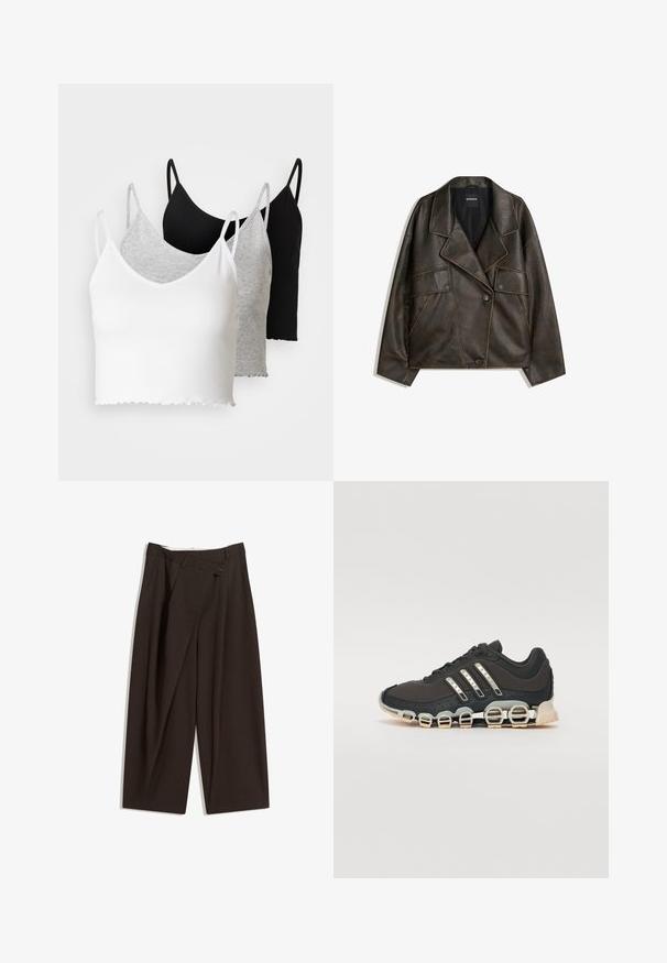 Barna műbőr dzseki, dupla gombos kialakítással, hajtókákkal és két elülső zsebbel. Figyelemre méltó díszvarrás a varratok mentén.; Even&Odd 3 PACK - Felső - black/white/grey; Sötétbarna, bő szárú nadrág magas derékkal, egyetlen gombos záródással és redős elülső résszel. Könnyű anyagból készült.; Fekete sportcipő texturált felsőrésszel, három ezüst csíkkal, és egy jellegzetes párnázott talppal, amely több integrált szakaszból áll.