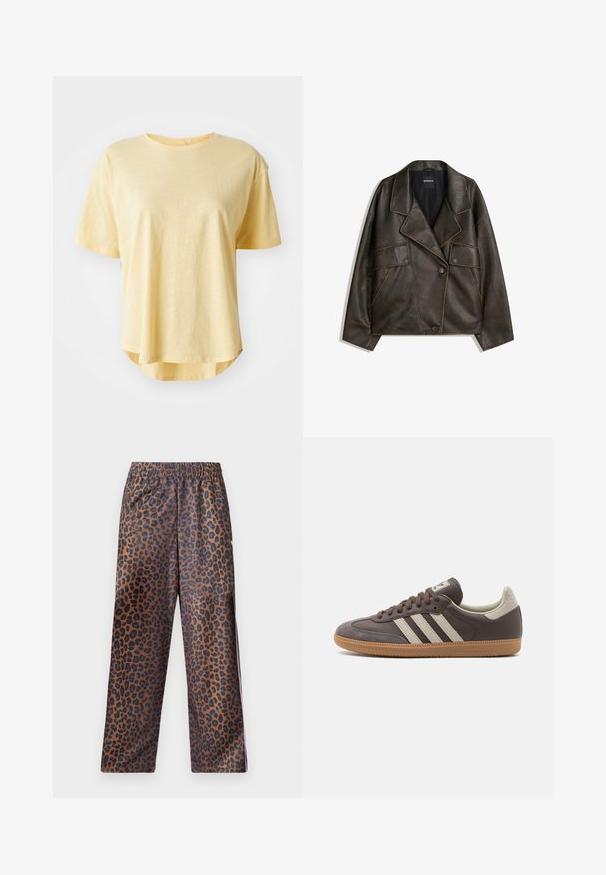 Barna műbőr dzseki, dupla gombos kialakítással, hajtókákkal és két elülső zsebbel. Figyelemre méltó díszvarrás a varratok mentén.; Sárga, rövid ujjú póló, laza szabással, kerek nyakkivágással, enyhén ívelt aljjal és puha anyagú textúrával.; Leopárdmintás nadrág rugalmas derékkal. Fényes anyagból készült, barna alapja fekete foltokkal és laza szabású.; Barna bőrcipő három világos színű csíkkal, gumitalppal, kerek orral és texturált velúr díszítéssel a sarkán és az orrán.