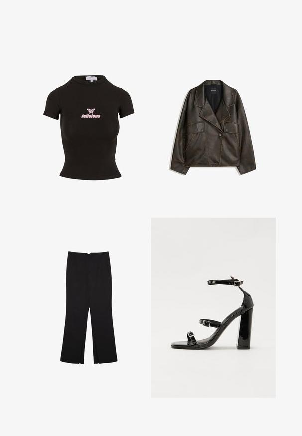 Braune Kunstlederjacke mit doppelreihigem Design, Reverskragen und zwei Vorderfächern. Auffällige Steppnähte entlang der Nähte.; Schwarzes, kurzärmeliges Cropped-Top aus einem dehnbaren Material. Mit einem pinkfarbenen "felicious"-Logo und einem Schmetterlingsgrafik auf der Vorderseite.; Schwarze Hose mit geradem Schnitt, ausgestattet mit Fronttaschen und Seitenschlitzen am Saum. Hergestellt aus weichem, glattem Stoff. Geeignet für verschiedene Anlässe.; Schwarze patentierte Sandalen mit Absatz, quadratischer Spitze, Knöchelriemen und silbernen Schnallen. Mit einem stabilen Blockabsatz für mehr Stabilität.