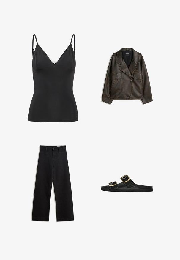 Bruine neplederen jas met een dubbelzijdig ontwerp, revers en twee voorkepers. Opvallende stikdetails langs de naden.; Zwarte, getailleerde camisole met verstelbare dunne spaghettibandjes, V-hals, naadloos ontwerp en een zachte textuur. Gemaakt van een zachte, rekbare stof.; Zwarte denim broek met wijde pijpen en een hoge taille, voorzien van voor- en achterzakken, gestikte naden en een knoopsluiting. Gladde textuur.; Zwarte slipper met twee gouden gesps, gladde textuur, platte zool en een minimalistisch ontwerp.