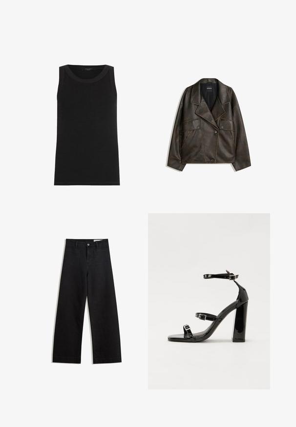 Giacca in eco-pelle marrone con design doppiopetto, revers e due tasche frontali. Dettagli di cucitura in evidenza lungo le cuciture.; AllSaints RINA - Top - black; Pantaloni in denim neri a gamba larga con vita alta, dotati di tasche anteriori e posteriori, cuciture a punto, e chiusura con bottone. Texture liscia.; Sandali con tacco in vernice nera, con punta squadrata, cinturini alla caviglia e fibbie in argento. Presentano un tacco a blocco spesso per maggiore stabilità.