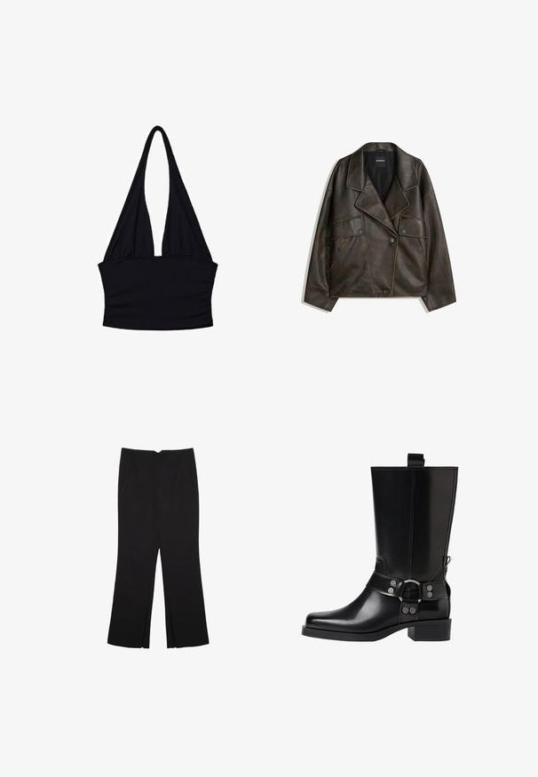 Brun kunstlæderjakke med dobbeltknap design, revers og to frontlommer. Bemærkelsesværdig pyntesyning langs sømmene.; Sort halterneck top lavet af blødt stof; har en dyb V-udskæring og rynkede detaljer i taljen; ærmeløs med lange, flydende stropper.; Sorte bukser med lige pasform, der har frontlommer og slidser i kanten. Lavet af blødt, glat stof. Velegnet til forskellige anledninger.; Sort læderknæhøj støvle med spids tå, sølv spænde detaljer og en robust hæl. Har en trækflap for nem påtagning.