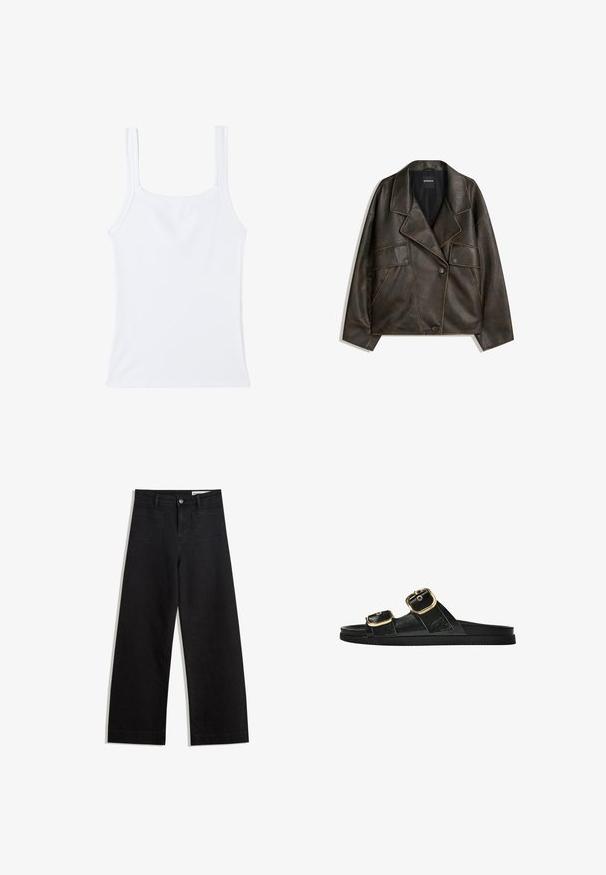 Veste en cuir synthétique marron avec un design à double boutonnage, des revers et deux poches avant. Détails de surpiqûre notables le long des coutures.; Débardeur blanc à côtes avec un décolleté carré et des bretelles fines. Le tissu est lisse avec un léger effet extensible et sans motifs visibles.; Pantalon en denim noir à jambes larges avec une taille haute, comprenant des poches avant et arrière, des coutures piquées et une fermeture à bouton. Texture lisse.; Sandale noire à glissière avec deux accents de boucle en or, en matériau lisse, semelle plate et design minimaliste.