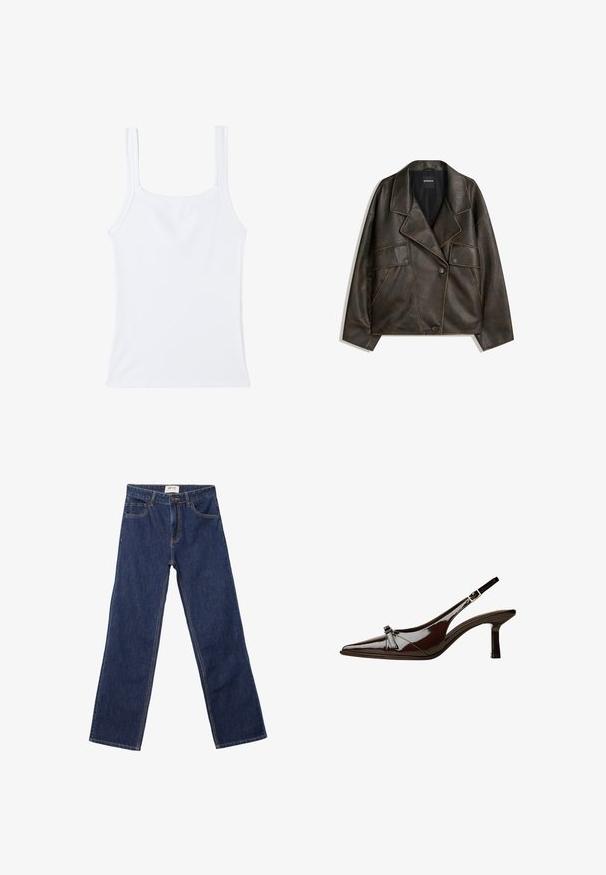Brązowa kurtka ze sztucznej skóry z podwójnym zapięciem, klapami i dwoma przednimi kieszeniami. Zauważalne przeszycia dekoracyjne wzdłuż szwów.; Biały prążkowany top na ramiączkach z kwadratowym dekoltem i cienkimi ramiączkami. Materiał jest gładki z niewielką elastycznością i bez widocznych wzorów.; Granatowe dżinsy o prostym kroju z przednimi kieszeniami, szlufkami na pasek i z zapięciem na guzik.; Brązowe lakierowane sandały z odkrytymi palcami, o spiczastym nosku, niskim obcasie i ozdobnym kokardkowym akcentem z przodu. Gładka, błyszcząca tekstura.