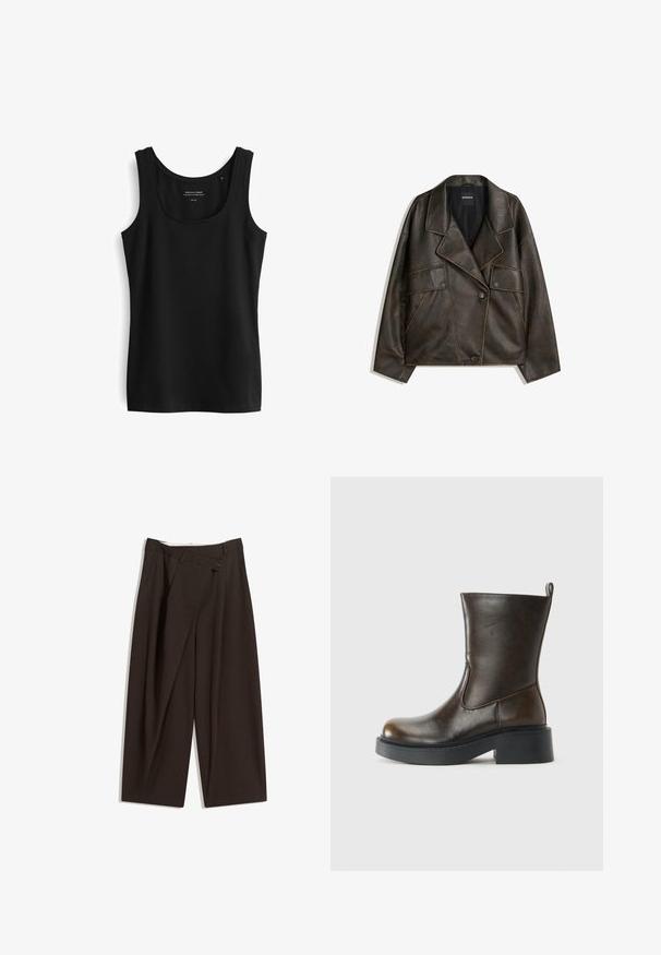 Brown faux leather jacket with a double-breasted design, lapels, and two front pockets. Notable topstitch detailing along seams.; Black sleeveless tank top with a rounded neckline. Made from smooth fabric with a simple design and no visible patterns or embellishments.; Dark brown wide-leg trousers with a high waist, featuring a single button closure and a pleated front. Made from lightweight fabric.; Dark brown mid-calf leather boot with a rounded toe, thick black sole, low block heel, and pull tab at the back.