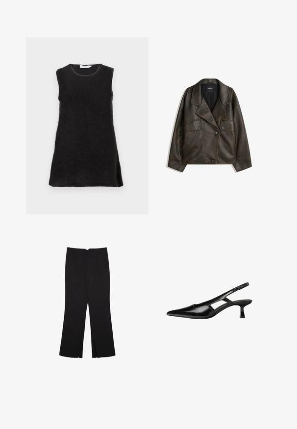 Hnedá umelá kožená bunda s dvojradovým designom, klopami a dvoma prednými vreckami. Výrazné prešitie pozdĺž švov.; Čierne šaty bez rukávov vyrobené z mäkkej, nadýchanej látky. Majú okrúhly výstrih a mierne rozšírený strih so bočnými rozparkami. Jednoduchý dizajn.; Čierne nohavice so strihom rovného strihu, s prednými vreckami a bočnými rozparkami na leme. Vyrobené z mäkkej, hladkej tkaniny. Vhodné na rôzne príležitosti.; Čierne lakované kožené lodičky na podpätku s špicatou špičkou, výrezovým dizajnom na boku a malým štvorcovým podpätkom. Hladký povrch s minimálnymi akcentmi.