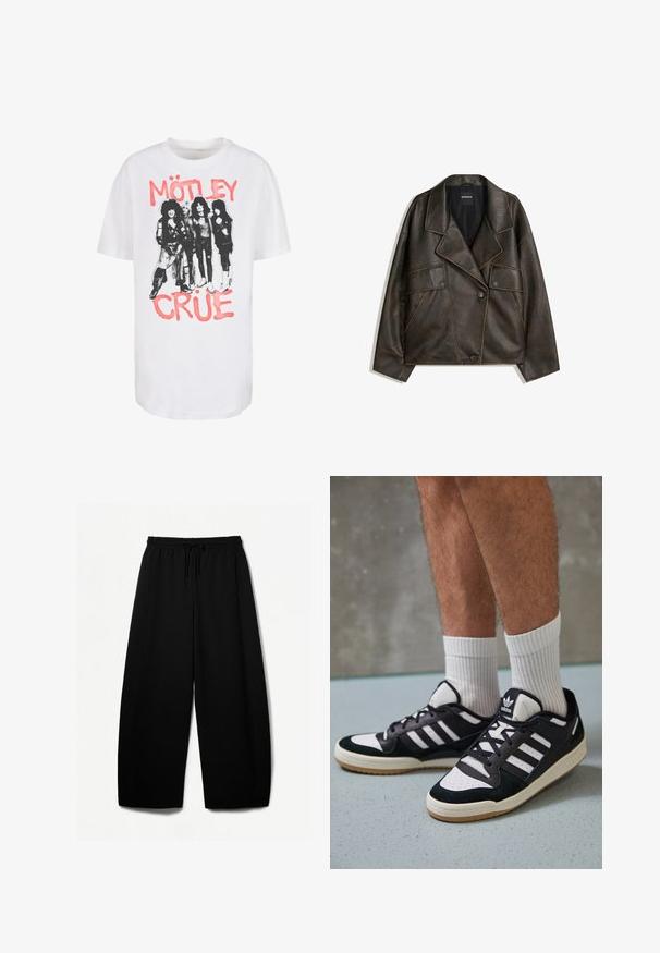 Ruskea keinonahkajakku, jossa on kaksirivinen malli, läpät ja kaksi etutaskua. Huomattava päälystikkaukset saumoissa.; Valkoinen puuvillapaita, jossa on mustavalkoinen grafiikka neljästä hahmosta ja "MÖTLEY" ja "CRÜE" vaaleanpunaisella, lihavoidulla tekstillä ylä- ja alapuolella.; Mustat leveät housut, joissa on joustava vyötärö ja kiristysnauha. Pehmeä kangas, jossa on sileä pinta. Suora leikkaus, jossa on sivusaumat.; Valkoiset ja mustat tennarit, joissa on mokkanahka- ja nahkapäällinen, kolme valkoista raitaa, rei'itetty kärki ja kumipohja.