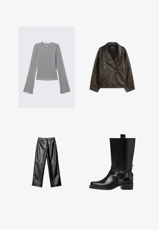 Braune Kunstlederjacke mit doppelreihigem Design, Reverskragen und zwei Vorderfächern. Auffällige Steppnähte entlang der Nähte.; Schwarz-weiße gestreifte Langarmbluse mit rundem Ausschnitt und taillierter Silhouette. Weicher Stoff mit glatter Textur.; Schwarze Lederhosen im weiten Schnitt mit glatter Textur, Fünf-Taschen-Design und genähten Details entlang der Beine und am Bund.; Schwarze Lederstiefel bis zum Knie mit spitzer Zehenform, silbernen Schnallenakzenten und einem klobigen Absatz. Verfügt über eine Zuglasche für einfaches Anziehen.