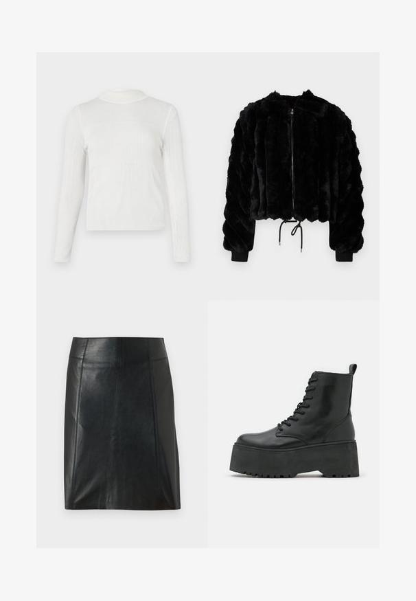 Svart fuskepels cropped jakke med glidelås foran, ripede mansjetter og snøring i kanten. Teksturert stoff i en puffy, stripet design.; Hvit langermet topp med høy mock neck. Ribbete tekstur med tettsittende design. Søm detaljer gir et strukturert utseende.; Svart lærskjørt med en tettsittende design. Jevn tekstur, sømmer som fremhever formen, og en rett kant. Minimalistisk og elegant utseende.; Svarte ankelstøvler med tykk plattformsåle, laget av glatt lær, med snøredesign og en løftestropp bak.