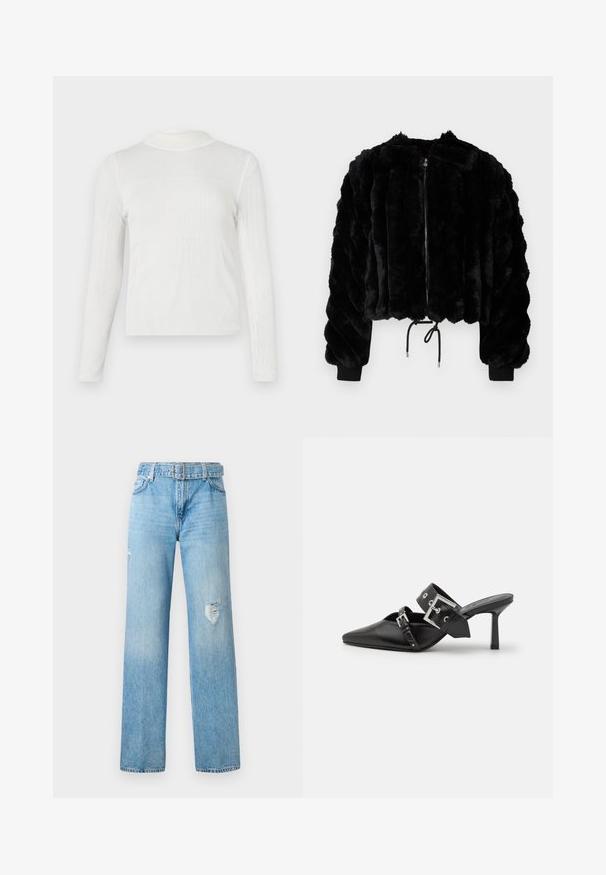Schwarze Kunstfell-Cropped-Jacke mit einem Reißverschluss vorne, gerippten Bündchen und Kordelzugsaum. Textiles Material in einem gepolsterten, gestreiften Design.; Weißes, langärmliges Oberteil mit hohem Stehkragen. Gerippte Textur mit figurbetontem Design. Nahtdetails schaffen eine strukturierte Optik.; Helle blaue Denim-Jeans mit weitem Bein, die zerfranste Details an den Knien und ein klassisches Fünf-Taschen-Design mit Gürtelschlaufen aufweisen.; Schwarze High-Heel-Mules mit spitzem Zeh aus glattem Leder. Mit einem breiten Knöchelriemen, der eine quadratische silberne Schnalle und Nieten aufweist.