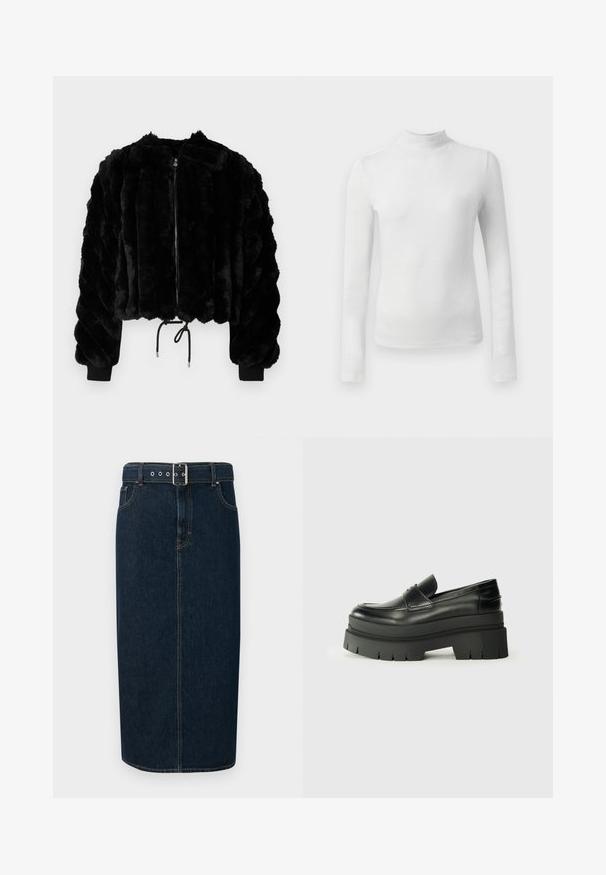 Giacca corta in finta pelliccia nera con zip frontale, polsini a coste e orlo con cordino. Tessuto testurizzato in un design a righe puffate.; Maglia bianca a maniche lunghe con collo alto realizzata in un tessuto testurizzato e lucido. Presenta una vestibilità slim e un collo alto.; Gonna midi in denim blu scuro con taglio dritto, dotata di cintura con fibbia, hardware in argento e cuciture a contrasto lungo le cuciture.; Mocassini neri in pelle con suola piatta spessa. Punta arrotondata, dettaglio della cucitura frontale e accenti di cucitura sottili. Suola piatta e testurizzata.