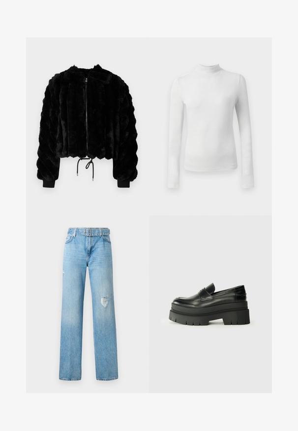 Jachetă scurtă din blană artificială neagră cu fermoar frontal, manșete cu nervuri și tiv cu șnur. Țesătură texturată cu un design pufos, în dungi.; Cămașă albă cu mâneci lungi și guler înalt, fabricată dintr-un material texturat, cu strălucire. Prezentând o croială ajustată și un decolteu înalt.; Jeans din denim de culoare albastru deschis, cu picioare largi, având detalii deteriorate la genunchi și un design clasic cu cinci buzunare și bucle pentru curea.; Loafers din piele neagră cu o talpă platformă masivă. Vârf rotunjit, detalii cu cusătura frontală și accente subtile de broderie. Talpă plată, texturată.