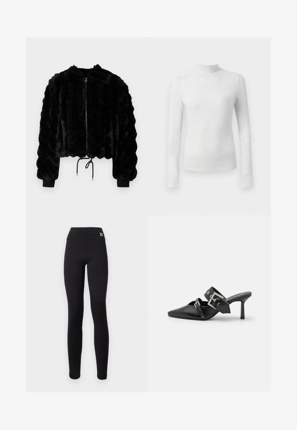 Giacca corta in finta pelliccia nera con zip frontale, polsini a coste e orlo con cordino. Tessuto testurizzato in un design a righe puffate.; Maglia bianca a maniche lunghe con collo alto realizzata in un tessuto testurizzato e lucido. Presenta una vestibilità slim e un collo alto.; Leggings neri con vita alta caratterizzati dal logo "HUGO" in bianco. Realizzati in materiale liscio e elastico, progettati per comfort e vestibilità.; Mule nere con tacco alto e punta affilata, realizzate in pelle liscia. Presentano una larga cinghia alla caviglia con una fibbia quadrata argentata e borchie.