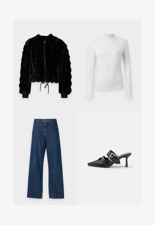 Chaqueta corta de piel sintética negra con cremallera frontal, puños acanalados y dobladillo con cordón. Tejido texturizado en un diseño acolchado y con rayas.; Top blanco de manga larga y cuello alto, confeccionado con una tela texturizada y brillante. Presenta un ajuste ceñido y un escote alto.; Vaqueros de denim de pernera ancha en azul oscuro con un diseño clásico de cinco bolsillos. Presenta costuras en contraste y un cierre de botón en la parte delantera.; Mules de tacón alto negros con puntera afilada, elaborados en cuero suave. Cuentan con una amplia correa para el tobillo con una hebilla cuadrada de plata y tachuelas.