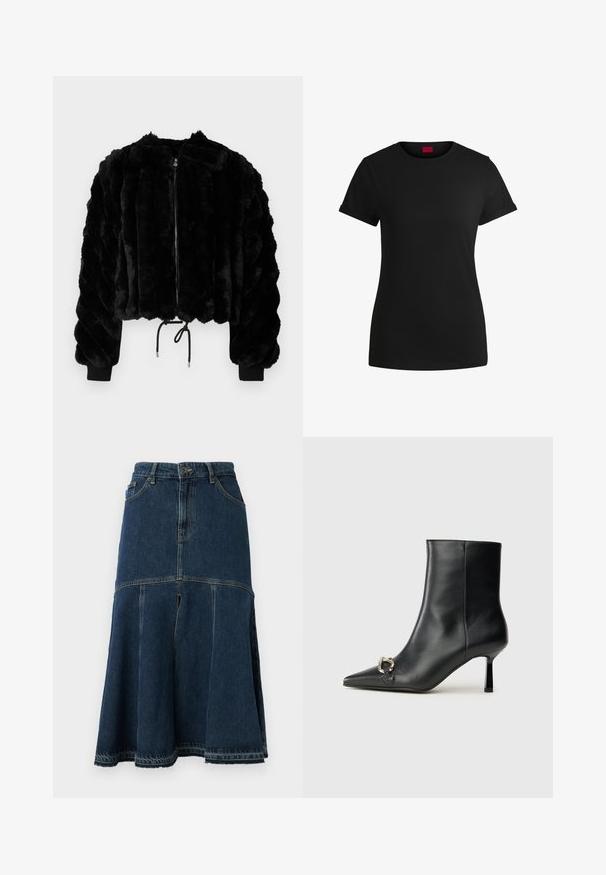 Zwarte nepbont cropped jas met een ritssluiting aan de voorkant, ribbel manchetten en een trekkoord aan de onderkant. Textuurstof in een luchtig, gestreept ontwerp.; Zwart katoenen T-shirt met korte opgerolde mouwen, een ronde halslijn en een rood label. Glad textuur, aansluitende pasvorm met minimale details.; Denim rok in donk blauw met een uitlopende vorm, featuring een hoge taille, voorzakken en een ruwe zoom. Versleten textuur en stikseldetails.; Zwarte leren enkelboot met spitse neus, slanke middenhoge hak en zilveren gespdetail aan de zijkant op een effen achtergrond.