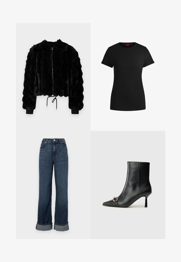 Juoda dirbtinė kailio trumpa striukė su užtrauktuku, raukšlėmis apdirbtais rankogaliais ir raišteliu apatinėje dalyje. Tekstūruotas audinys, pufyro, dryžuoto dizaino.; Juodas medvilninis marškinėlis su trumpomis sukamuojamomis rankovėmis, apvaliu iškirpimu ir raudona etikete. Lygus audinys, prigludusi forma su minimaliais papuošimais.; Aukštai juosmeniški plačiai kojomis džinsai tamsiai mėlynos spalvos, su kontrastingomis siūlėmis, sulenktais aptempimais ir klasikinio penkių kišenių dizainu.; Juodas odinis apavas iki kulkšnies su smailiu nosiu, plonu vidutinio aukščio kulnu ir sidabriniu sagties akcentu šone, prieš paprastą foną.