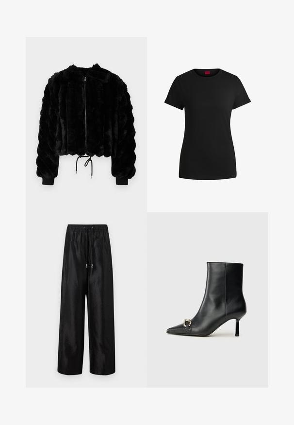 Black faux fur cropped jacket with a zip front, ribbed cuffs, and drawstring hem. Textured fabric in a puffy, striped design.; Black cotton t-shirt with short rolled sleeves, a round neckline, and a red label. Smooth texture, fitted shape with minimal detailing.; Black wide-leg trousers made of shiny fabric with an elastic waistband and drawstring, featuring silver hardware accents.; Black leather ankle boot with pointed toe, slim mid-height heel, and silver buckle detail on side against plain background.