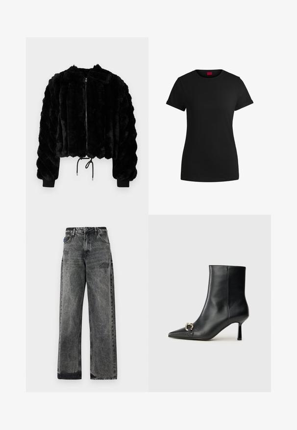 Black faux fur cropped jacket with a zip front, ribbed cuffs, and drawstring hem. Textured fabric in a puffy, striped design.; Black cotton t-shirt with short rolled sleeves, a round neckline, and a red label. Smooth texture, fitted shape with minimal detailing.; Wide-leg black denim jeans with a faded wash, distressed detailing on the front, and standard five-pocket design.; Black leather ankle boot with pointed toe, slim mid-height heel, and silver buckle detail on side against plain background.