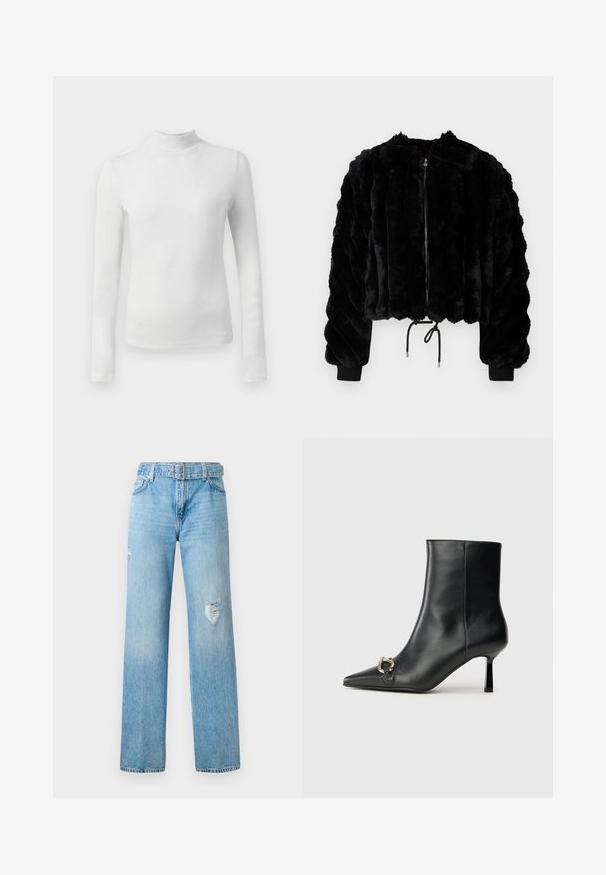 Giacca corta in finta pelliccia nera con zip frontale, polsini a coste e orlo con cordino. Tessuto testurizzato in un design a righe puffate.; Maglia bianca a maniche lunghe con collo alto realizzata in un tessuto testurizzato e lucido. Presenta una vestibilità slim e un collo alto.; Jeans in denim azzurro chiaro con gamba larga, caratterizzati da dettagli strappati sulle ginocchia e un design classico a cinque tasche con passanti per cintura.; Stivale alla caviglia in pelle nera con punta affusolata, tacco sottile di media altezza e dettaglio in fibbia argentata sul lato, su sfondo semplice.