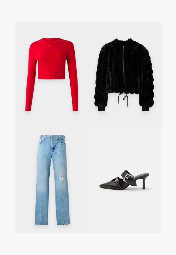 Schwarze Kunstfell-Cropped-Jacke mit einem Reißverschluss vorne, gerippten Bündchen und Kordelzugsaum. Textiles Material in einem gepolsterten, gestreiften Design.; Rotes Langarm-Cropped-Top mit rundem Ausschnitt und kleinem eingeprägtem "HUGO"-Logo, das zentriert unter dem Kragen auf einem schlichten Hintergrund platziert ist.; Helle blaue Denim-Jeans mit weitem Bein, die zerfranste Details an den Knien und ein klassisches Fünf-Taschen-Design mit Gürtelschlaufen aufweisen.; Schwarze High-Heel-Mules mit spitzem Zeh aus glattem Leder. Mit einem breiten Knöchelriemen, der eine quadratische silberne Schnalle und Nieten aufweist.