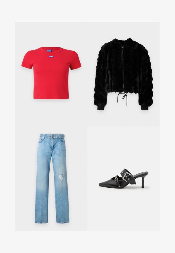 Černá umělá kožešinová zkrácená bunda se zipem vpředu, žebrovanými manžetami a stahovací šňůrkou na spodním lemu. Texturovaná látka v nadýchaném pruhovaném designu.; Červené krátké elastické tričko s krátkým rukávem vyrobené z žebrovaného materiálu s kulatým výstřihem, na přední straně s modrým logem HUGO vyšitou.; Světle modré džíny s širokým nohavicemi, s poškozenými detaily na kolenou a klasickým designem pěti kapes s poutek na opasek.; Černé muly na vysokém podpatku s špičatou špičkou, vyrobené z hladké kůže. Mají široký pás kolem kotníku se čtvercovou stříbrnou sponou a cvočky.