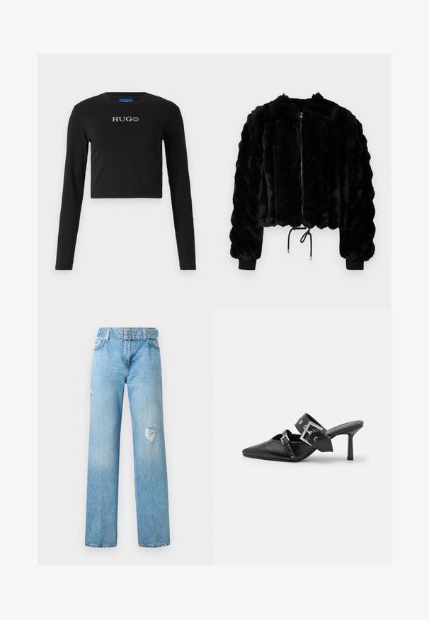 Musthave kunstkarusnahast lühike jakk lukuga ees, ribikätiste ja pigistamisega hemiga. Kõrge tekstuuriga kangas, mis on paks ja triibuline.; Must värvi puuvillane lühikeste varrukatega särk, millel on ümmargune kaelus ja valge eesmine logo koos naeratava näo aktsendiga.; Heledad sinine denim püksid laia säärega, millel on kulunud detailid põlvedes ja klassikaline viie tasku disain koos vöödega.; Mustad mustad kõrged kontsad, terava toe ja siledast nahast. Omab laia pahkluu rihma ruudukujulise hõbedase klambri ja nurgakujuliste naeltega.